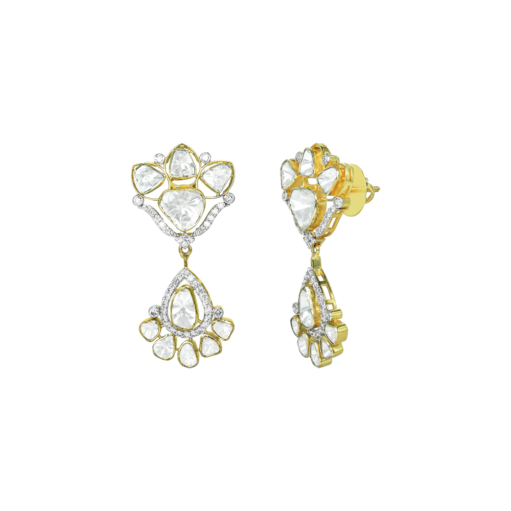 Teardrop Polki Earrings with Diamonds and Dangling Motif